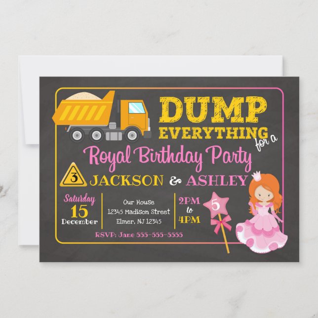 Construction & Princess Joint Birthday Invitation (Front)