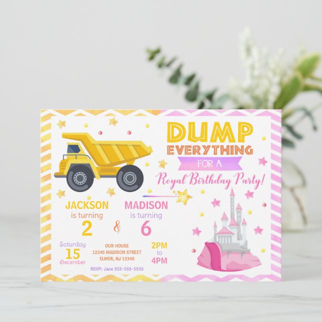 Construction & Princess Joint Siblings Birthday Invitation (Standing Front)