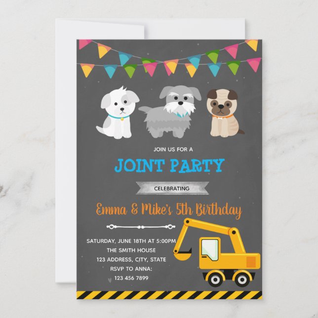 Construction puppy joint party invitation (Front)