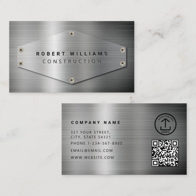 Construction QR Code Metallic Silver Metal Business Card (Front/Back)