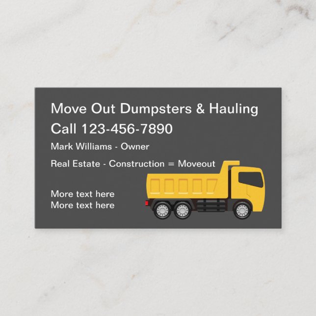 Construction Real Estate Hauling & Junk Removal Business Card (Front)