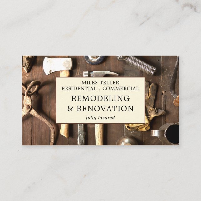 Construction Remodeling Wood Grain Tools  Business Card (Front)
