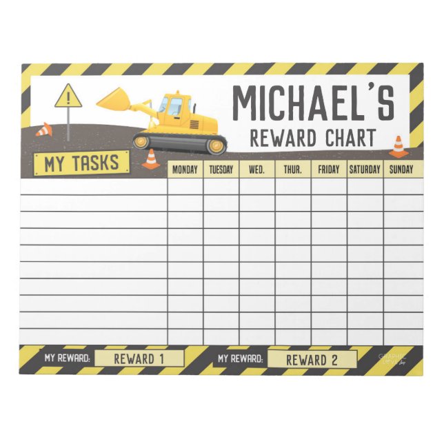Construction Reward Chart Personalized Name Tasks Notepad (Front)