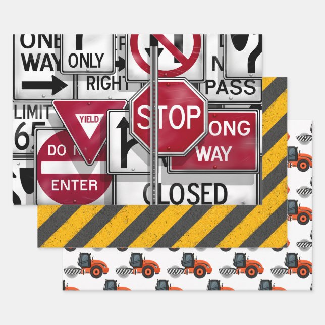 Construction & Road Work Caution Stripes Wrapping Paper Sheets (Set)