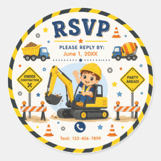 Construction RSVP Birthday Party Contact Classic Round Sticker