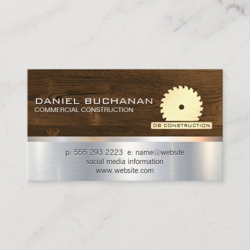 Construction  Saw and Wood  Metallic Background Business Card