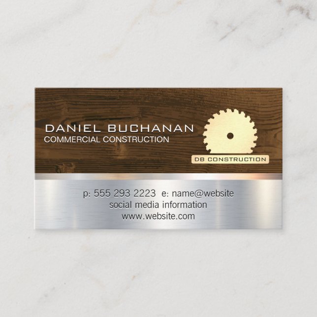 Construction | Saw and Wood | Metallic Background Business Card (Front)