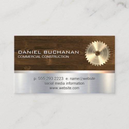 Construction  Saw and Wood  Metallic Background Business Card