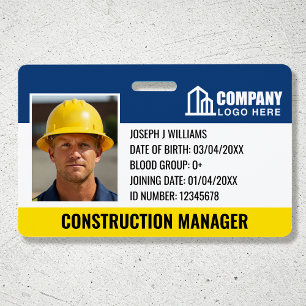 Construction Security ID Photo Logo Barcode Navy Badge