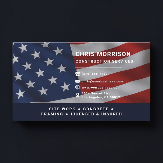 Construction Services Patriotic Professional Business Card (Creator Uploaded)