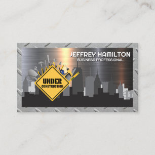 Construction Sign and Tools City Skyline Business Card