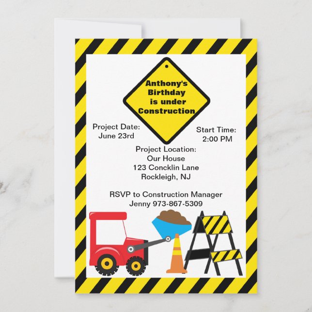 Construction Site Boys Birthday Invitation (Front)