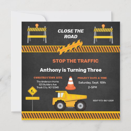 Construction Site Close The Road Kids Birthday  Invitation