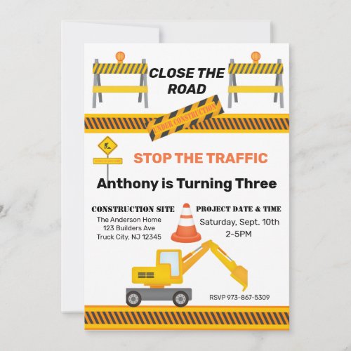 Construction Site Close The Road Kids Birthday  Invitation