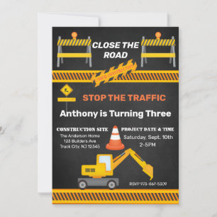 Construction Site Close The Road Kids Birthday  Invitation