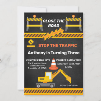 Construction Site Close The Road Kids Birthday Invitation