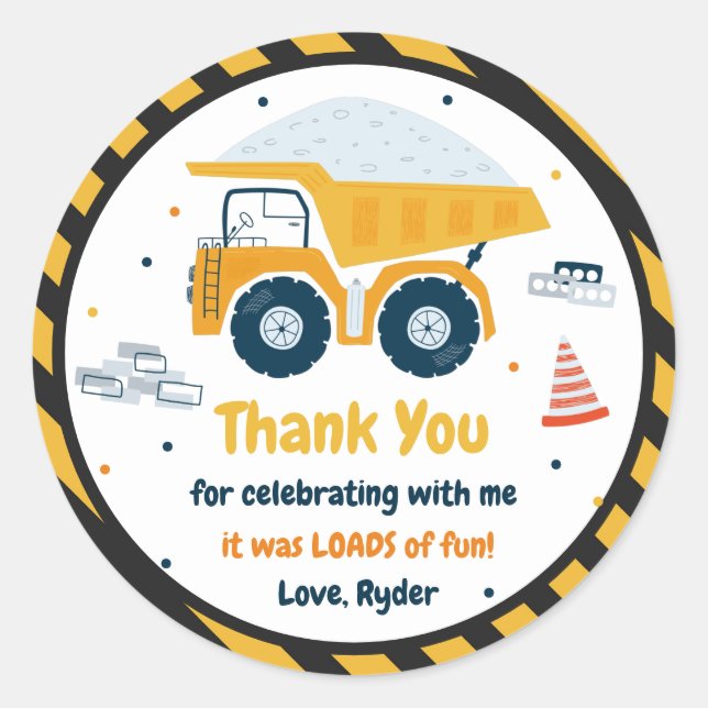 Construction Site Dump Truck Digger Birthday Favor Classic Round Sticker (Front)