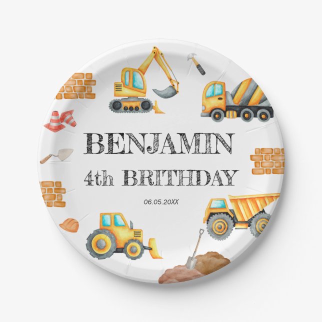 Construction Site Dump Truck Digger Birthday Party Paper Plates (Front)