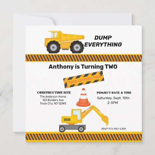 Construction Site Dump Truck Kids Birthday  Invitation