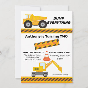 Construction Site Dump Truck Kids Birthday  Invitation
