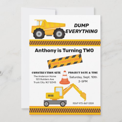Construction Site Dump Truck Kids Birthday  Invitation