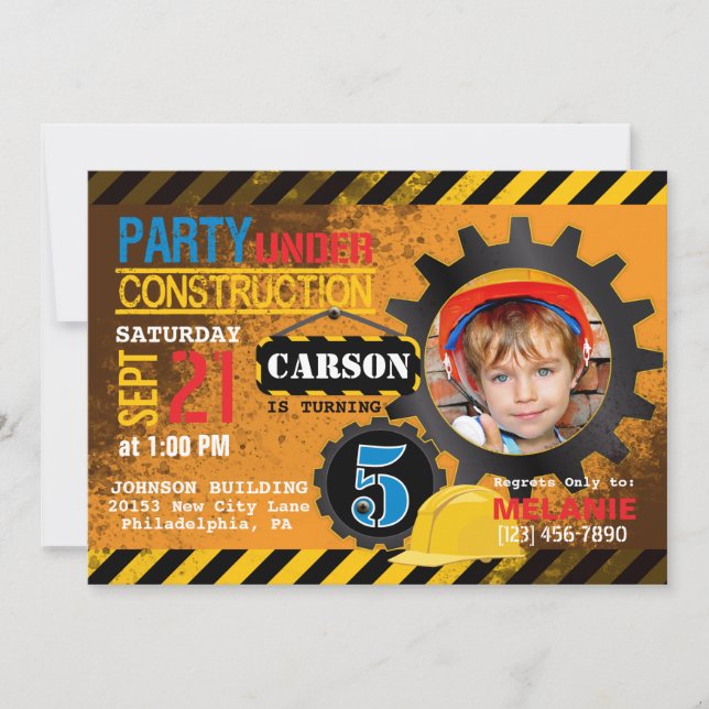 Construction Site Gears Birthday Party Invitation (Front)