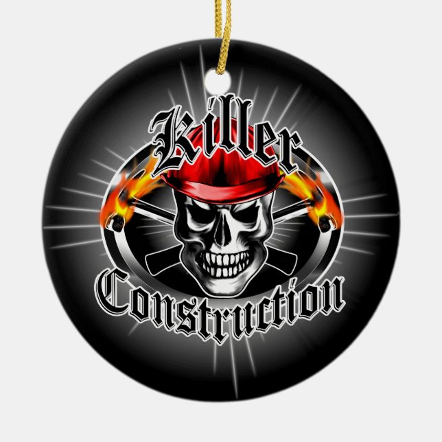 Construction Skull With Red Hard Hat Ceramic Ornament (Front)