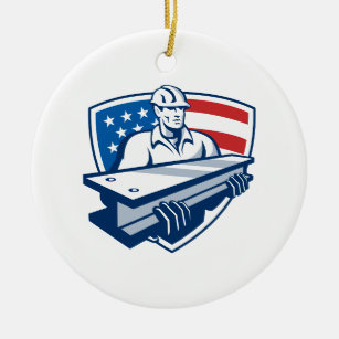 Construction Steel Worker I-Beam American Flag Ceramic Ornament