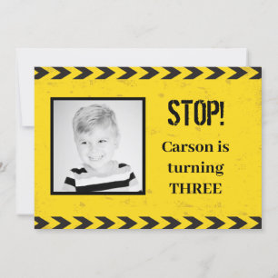 Construction Tape Kids Photo Yellow Birthday Party Invitation
