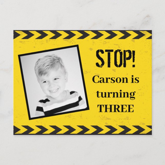 Construction Tape Photo Yellow Kids Birthday Party Postcard (Front)