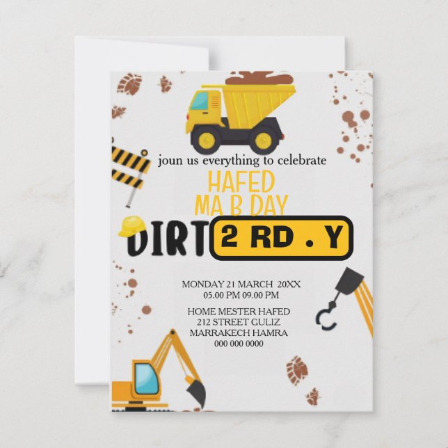 Construction Theme 3rd Birthday Invitation Dirty 3 (Front)