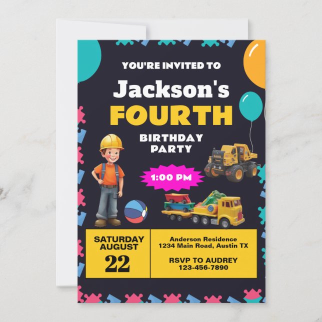 Construction Theme Birthday Party Invitation (Front)