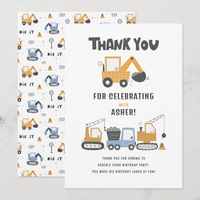 Construction Theme Birthday Party Thank You Card (Front/Back)