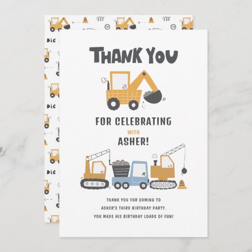 Construction Theme Birthday Party Thank You Card