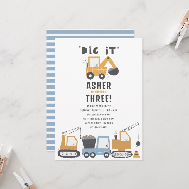 Construction Theme Dig It Birthday Party Invitation (Front/Back In Situ)