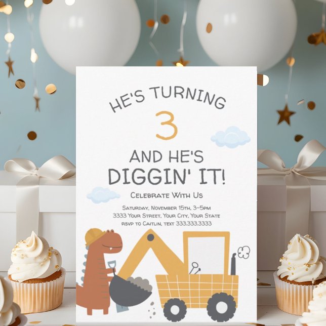 Construction Theme Diggin' It Birthday Party Invitation (Creator Uploaded)