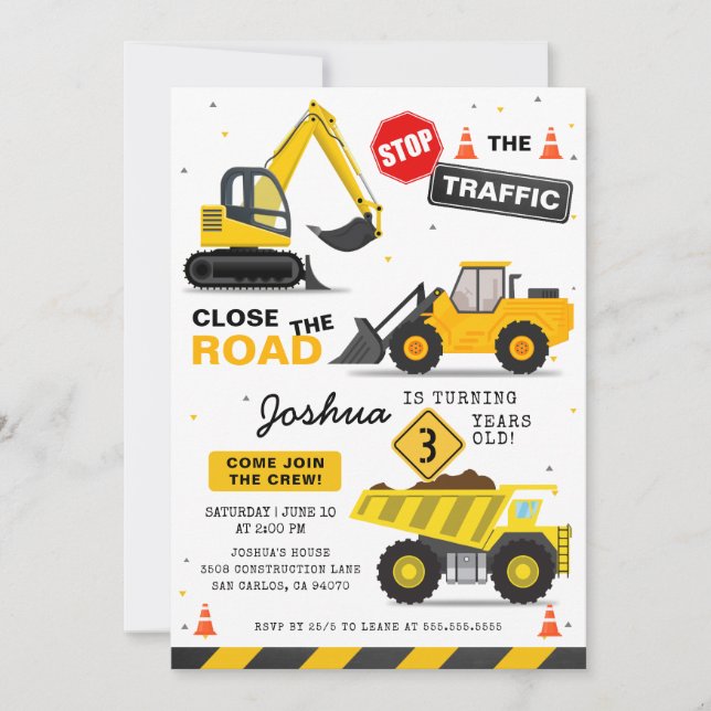Construction Theme Dump Truck Kids Birthday Party Invitation (Front)