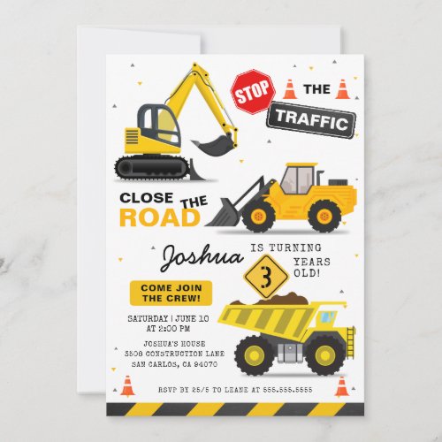 Construction Theme Dump Truck Kids Birthday Party Invitation
