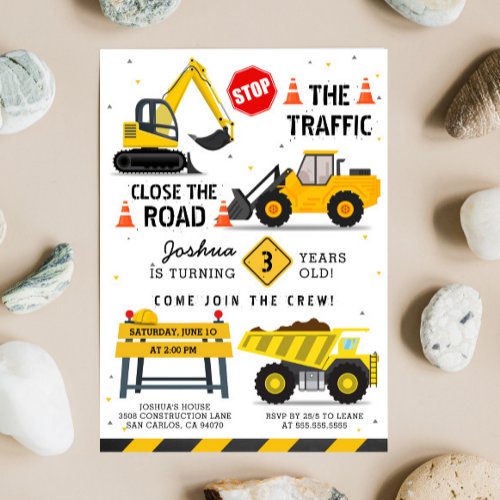 Construction Theme Dump Truck Kids Birthday Party Invitation