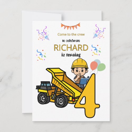 Construction Theme Funny Kids Birthday Party Invitation