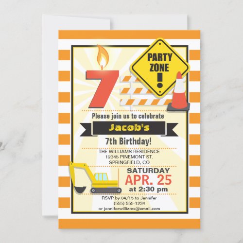 Construction Theme Kids Birthday Party Invitation
