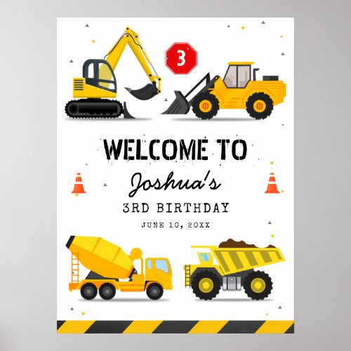 Construction Theme Trucks Kids Birthday Welcome Poster