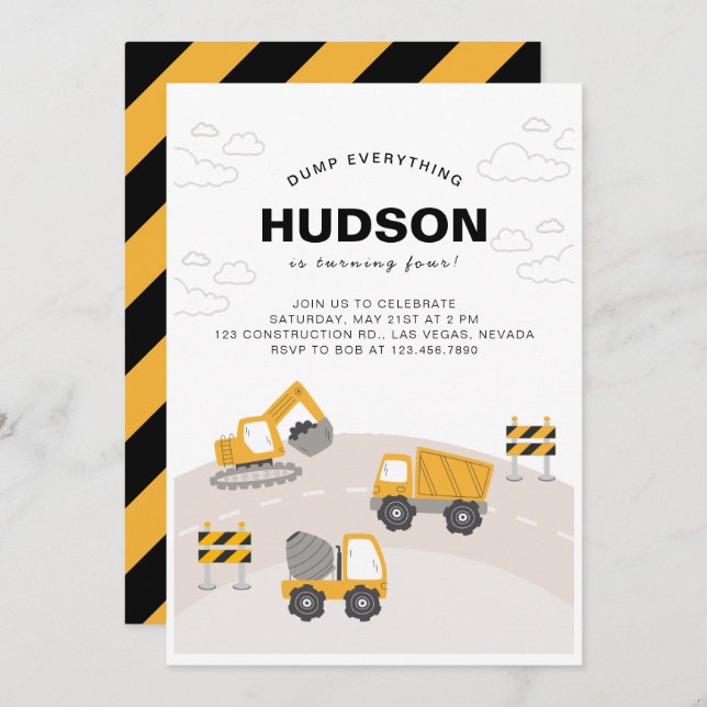 Construction Themed Birthday Party Invitation   (Front/Back)