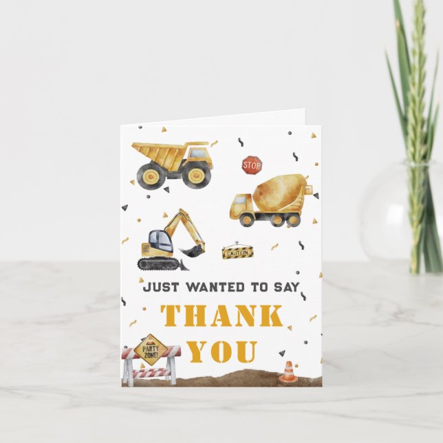 Construction-themed Boy's Birthday Thank You Card (Front)