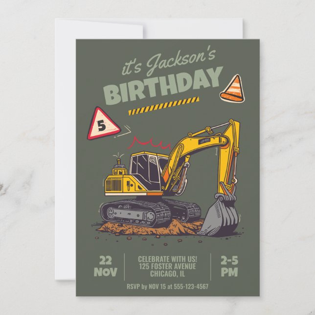Construction Themed Child Birthday Party Invitation (Front)