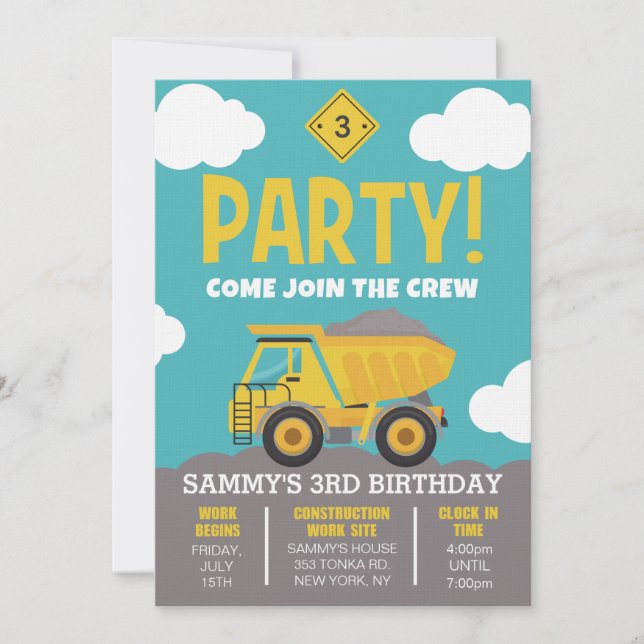 Construction Themed Party Invitation for Boy (Front)