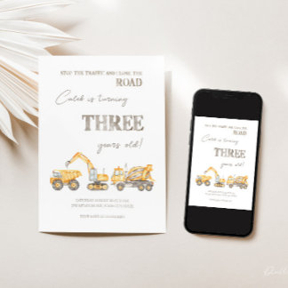 Construction Themed Third Birthday Invitation 