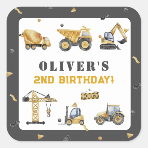 Construction_themed Tractors Cranes and Birthday Square Sticker