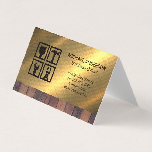 Construction Tool Icons  Wood Metal Background Business Card