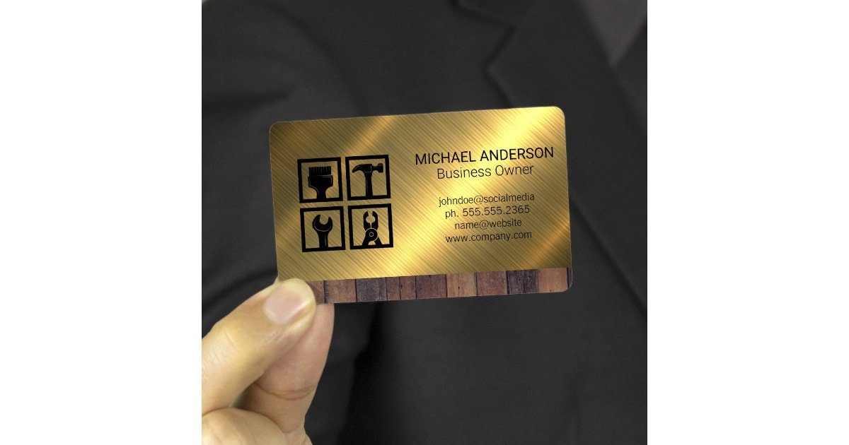 Construction Tool Icons | Wood Metal Background Business Card | Zazzle
